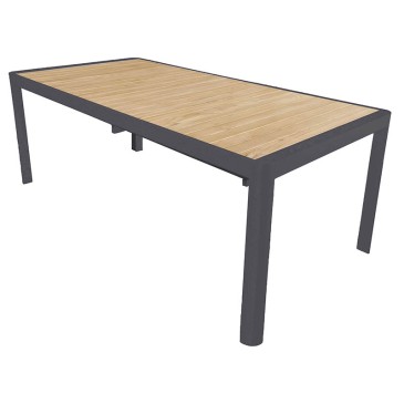 Ausziehbarer Lanzarote-Tisch mit Aluminiumstruktur und Teakholzplatte