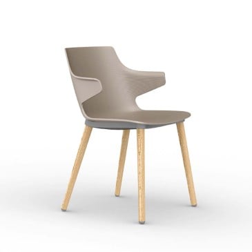 Sarja 2 Madera Wood -tuolia käsinojilla, polypropeenikuori, puinen jalka