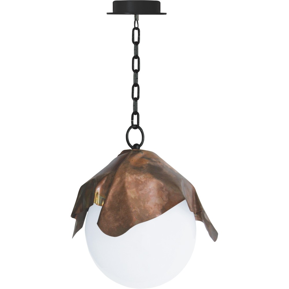 Lámpara de suspensión con cadena y rosetón en metal pintado y placa de cobre a modo de pantalla