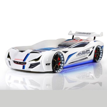 Sports car-shaped bed with remote-controlled lights and sounds