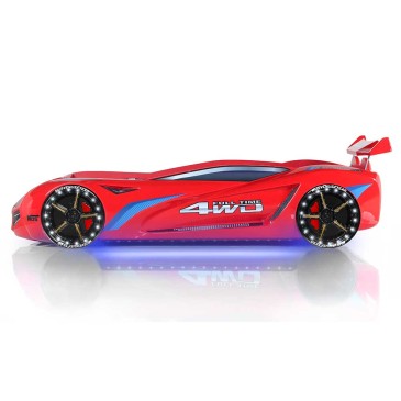 Sports car-shaped bed with remote-controlled lights and sounds
