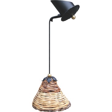 Wrought iron Dedalo suspension lamp with woven cane lampshade MADEIN ITALY 100%