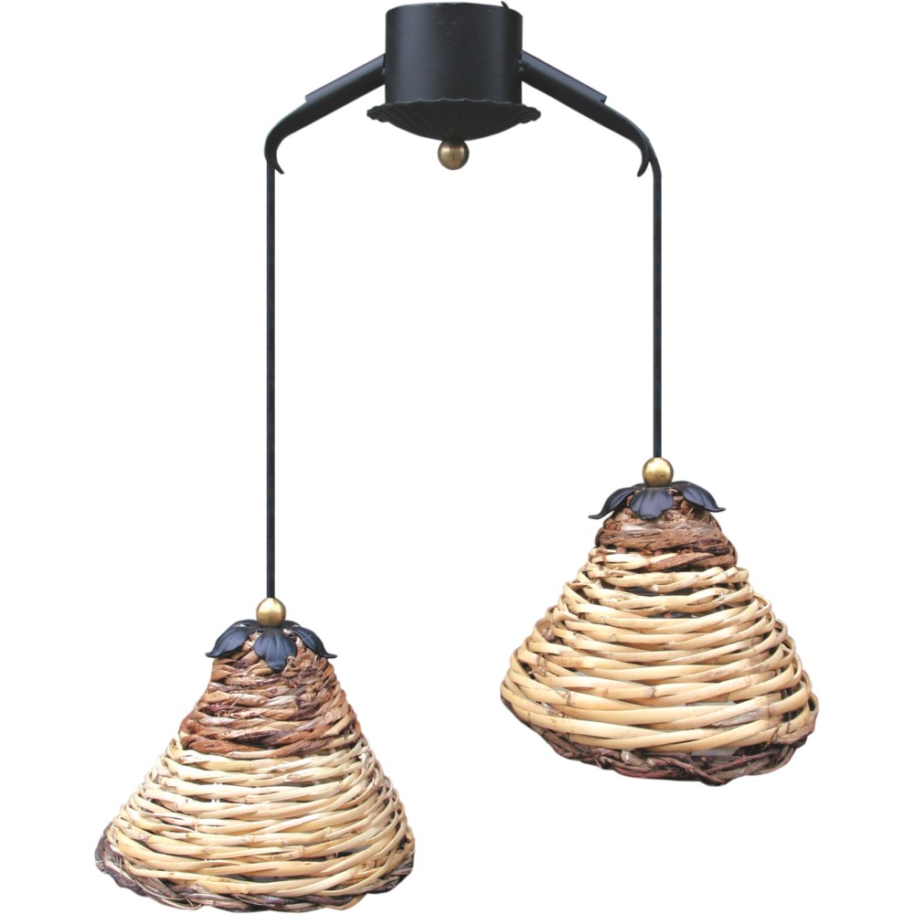 Dedalo suspension lamp with two lights in wrought iron and cane weave lampshade
