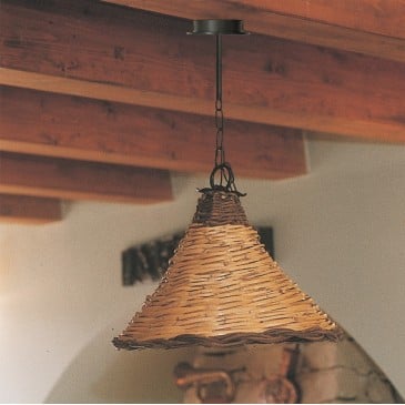 Dedalo Grande suspension lamp in wrought iron with lampshade in woven cane