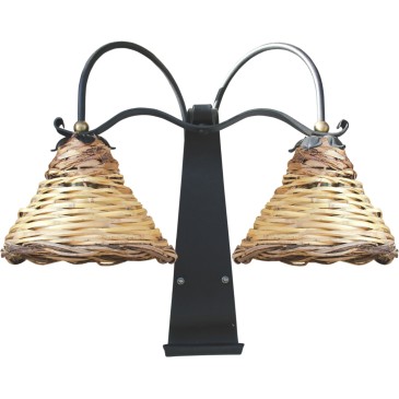 Dedalo wall lamp with two lights in wrought iron with lampshade in woven cane