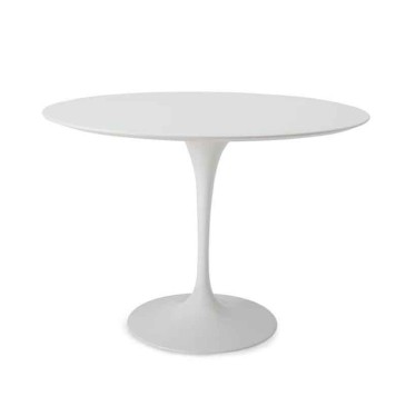 Soikea tulppaanipöytä pyöreällä pohjalla, jonka yläosa on nestemäistä laminaattia tai marmoria erilaisilla viimeistelyillä