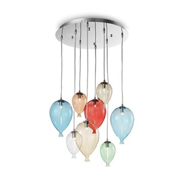 Luminária de teto palhaço em metal com moldura cromada e vidros em forma de balão em vidro soprado