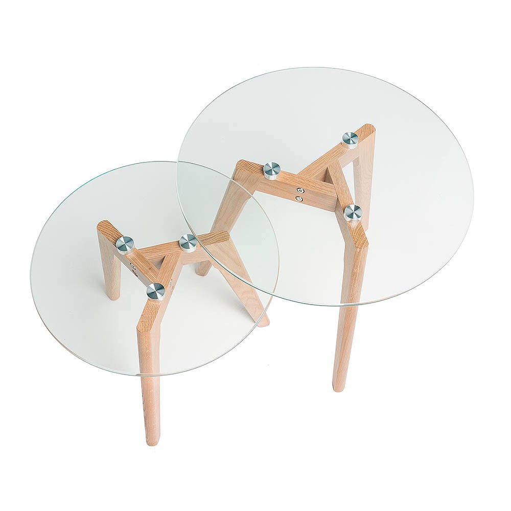 Coffee tables in glass and natural wood