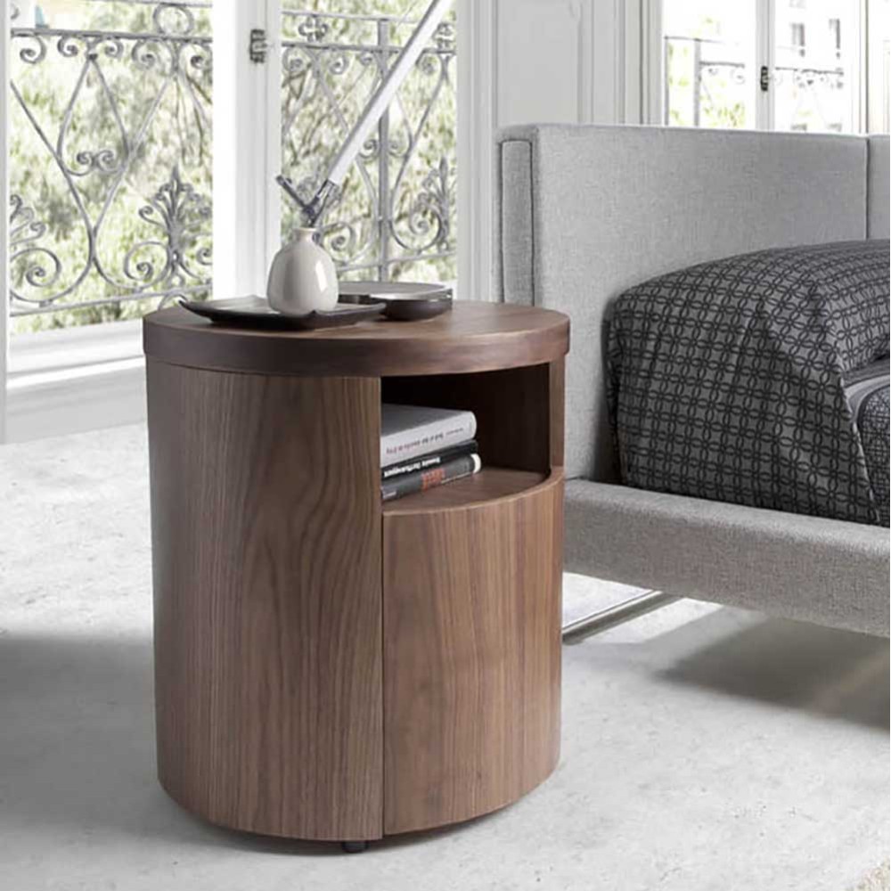 Angel Cerda Round bedside table in natural walnut wood