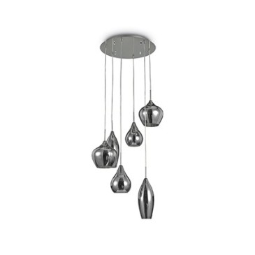 Soft 6-light pendant lamp with smoked metal frame and blown smoked glass