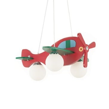 Avion Suspension Lamp for children's bedrooms structured in wood with chromed details and glass diffusers