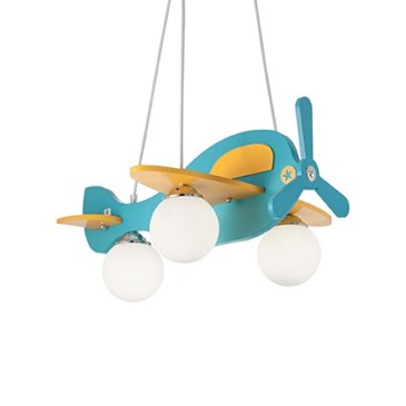 Avion hanglamp voor kinderkamers gestructureerd in hout met verchroomde details en glazen diffusers
