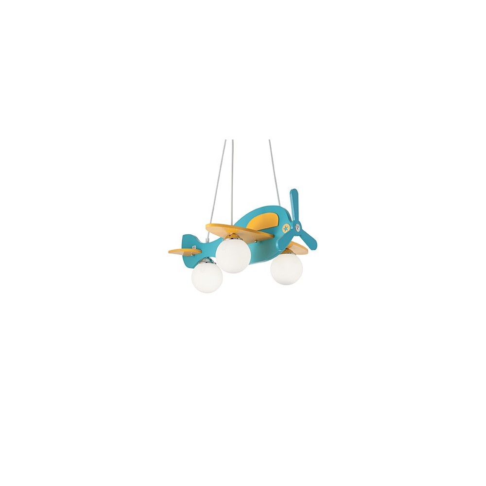 Lampe à suspension Avion pour chambre d'enfant structurée en bois avec détails chromés et diffuseurs en verre