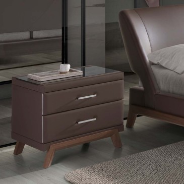 Angel Cerda bedside table covered in leather with black glass top