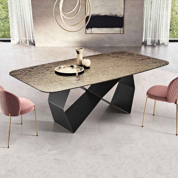 Fixed table with solid metal base and refined top
