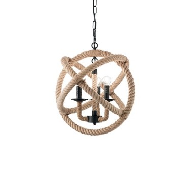 Corda suspension lamp 3 and 6 lights with frame and details in black metal and parts covered in natural hemp rope