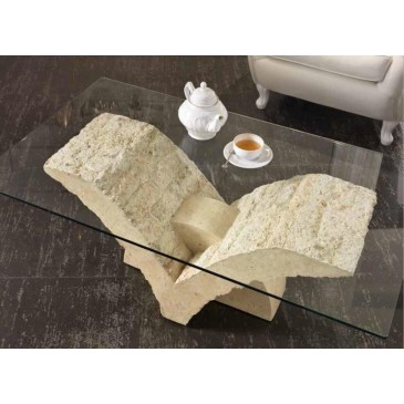 Mesa de comedor Papillon con tapa de cristal de 12 mm de espesor y base de piedra fósil