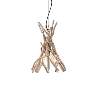 Drijfhouten hanglamp met metalen frame en decoratieve elementen in natuurlijk hout