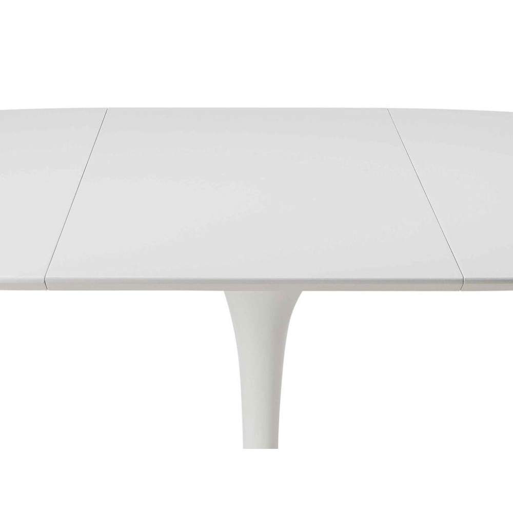 Heruitgave van Tulip Table uitschuifbaar tot 150 cm of 170 cm met aluminium onderstel en blad van zwart of wit laminaat