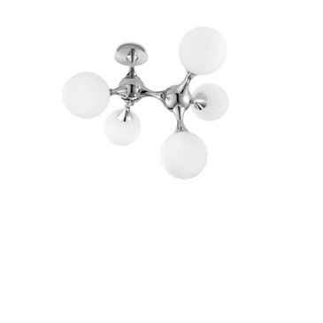 Nodi Bianco ceiling lamp with 5 lights in chromed metal and white blown and etched glass. rotatable connecting elements