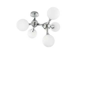 5-light Nodi White ceiling light in chromed metal and white blown and etched glass. rotatable joining elements