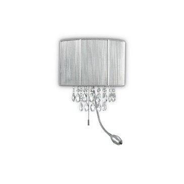 Opera wandlamp in metaal met zilveren, witte of zwarte lampenkap in pvc-folie met metalen reflecties en bedekt met draden