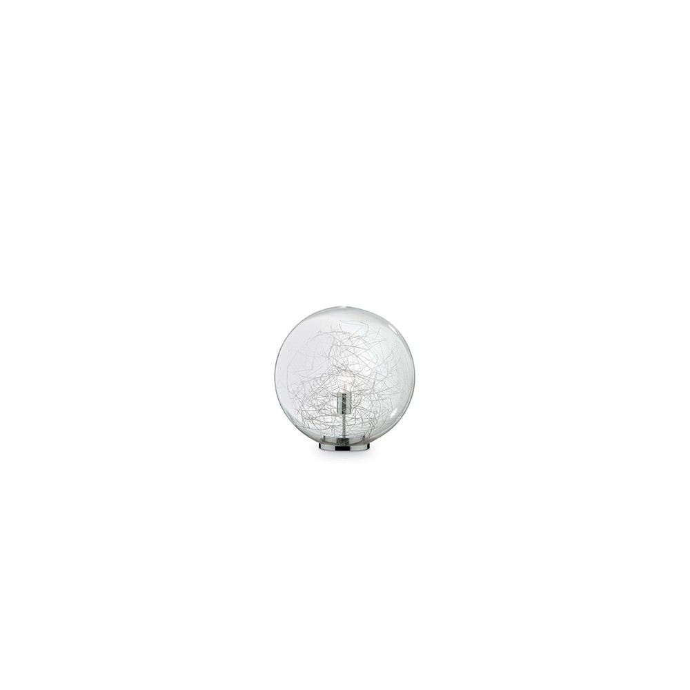 Lampe de table Mapa Max avec structure chromée et verre soufflé décoré de fils d'aluminium