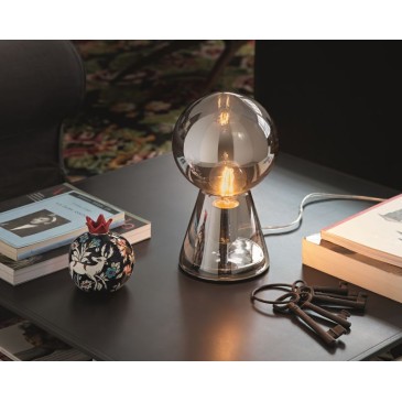Birillo table lamp in with chromed metal base and white acid-etched or smoked blown glass