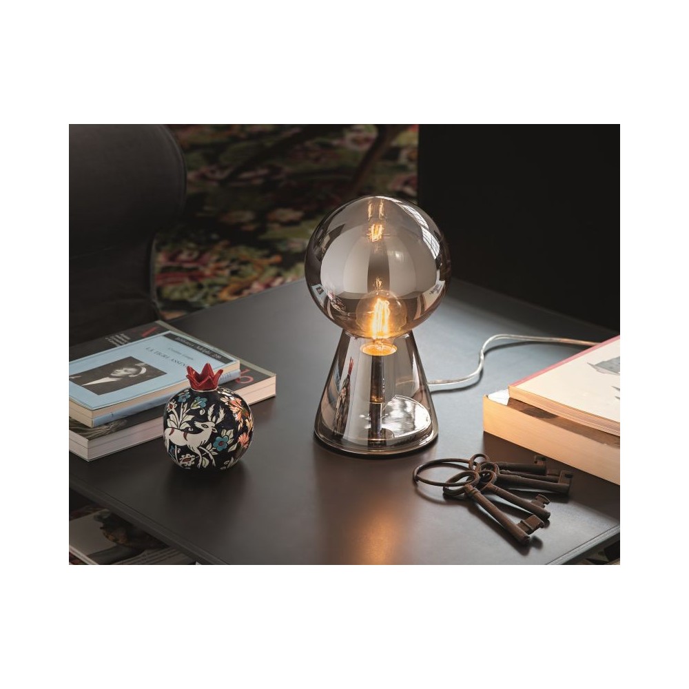 Birillo table lamp in with chromed metal base and white blown acid or smoked glass