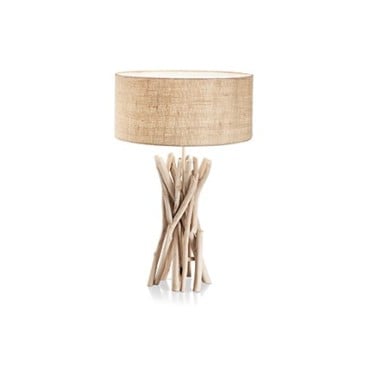 Driftwood table lamp in metal with decorative elements in natural wood and lampshade covered in fabric