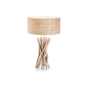 Drijfhouten tafellamp van metaal met decoratieve elementen van natuurlijk hout en lampenkap bedekt met stof
