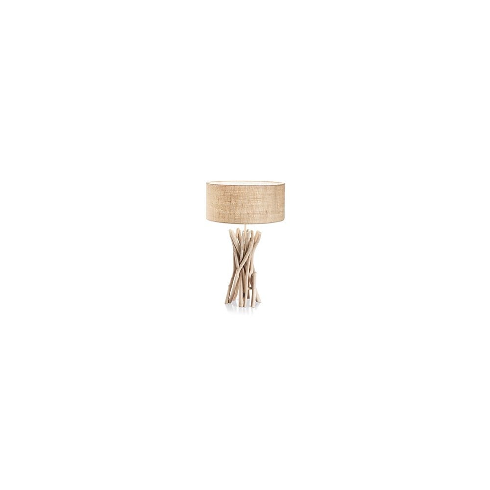 Driftwood bordslampa i metall med dekorativa element i naturligt trä och lampskärm klädd i tyg