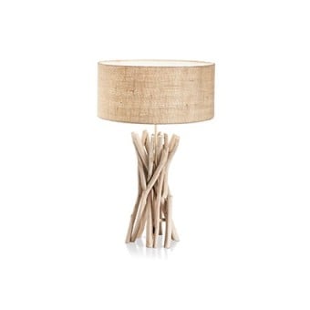 Driftwood metal table lamp with decorative elements in natural wood and fabric-covered lampshade
