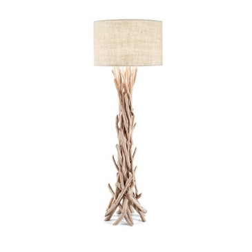 Driftwood floor lamp in metal with decorative elements in natural wood and lampshade covered in fabric