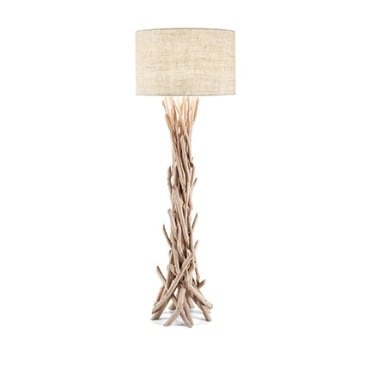 Lampada da Terra Driftwood in metallo con elementi decorativi in legno naturale e paralume rivestito in stoffa
