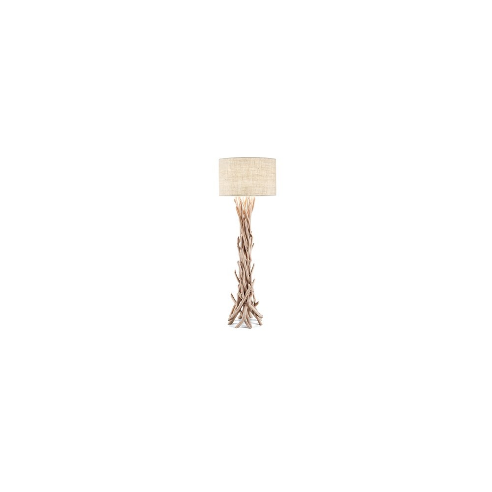 Driftwood metal floor lamp with decorative elements in natural wood and fabric covered lampshade