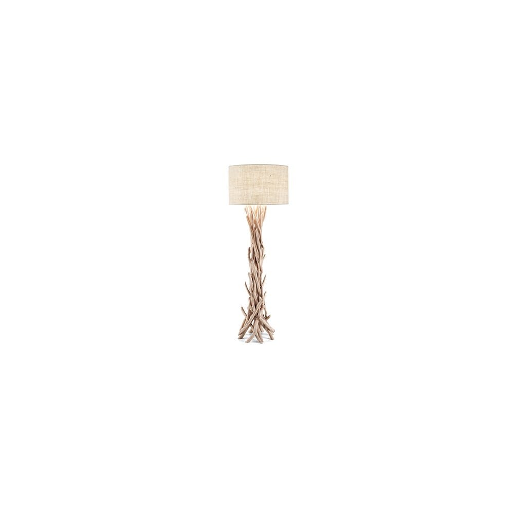 Drivvedsgolvlampa i metall med dekorativa element i naturligt trä och lampskärm klädd i tyg