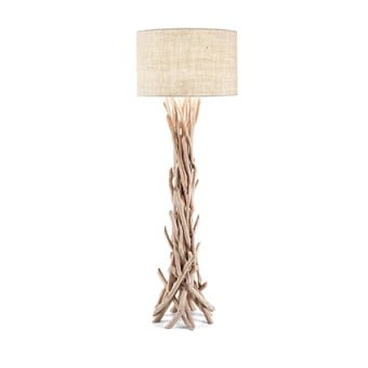 Lampadaire en bois flotté en métal avec éléments décoratifs en bois naturel et abat-jour recouvert de tissu