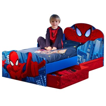 Spiderman-formad säng med upplysta ögon och lådor under strukturen