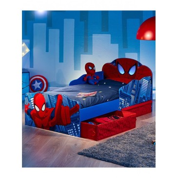 Spiderman-shaped bed with illuminated eyes and drawers under the structure