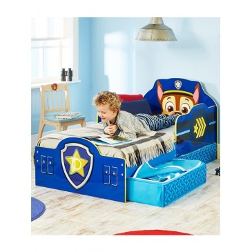 Paw Patrol-shaped bed in mdf wood with drawers and network in panels included. Decorated with non-toxic paints