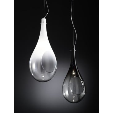 Drop suspension lamp in blown glass and then hand-ground in white or black