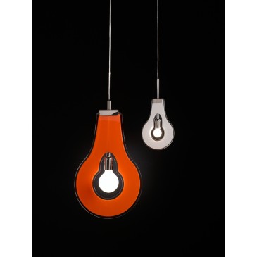 Lámpara colgante Flat con estructura de metal cromado y chapa perforada en PMMA blanco, naranja y negro