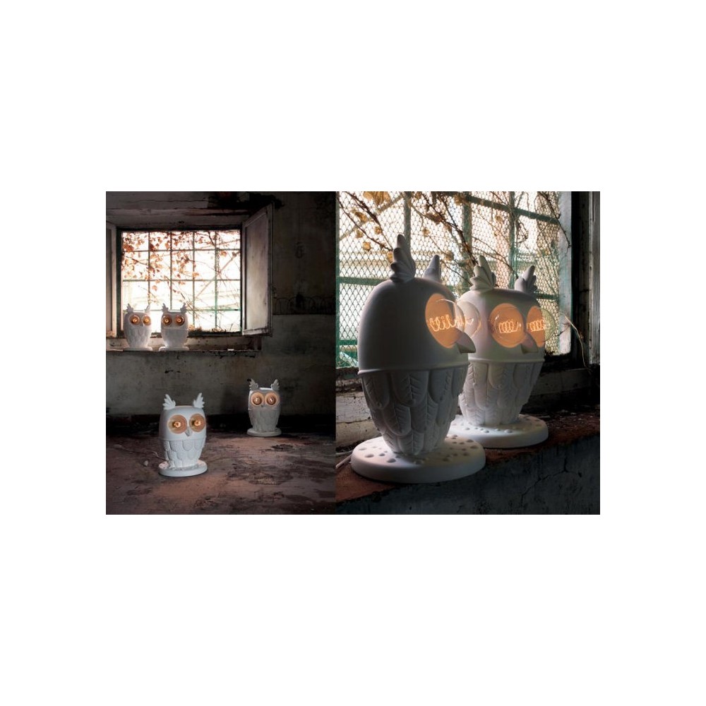 Lampada da tavolo Ti Vedo in ceramica bianca opaca a forma di gufo con 2 lampade E27