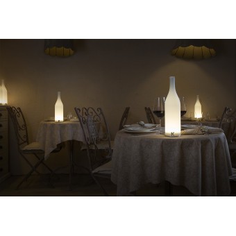 Bacco table lamp in frosted glass bottle-shaped battery powered and illuminated by LED