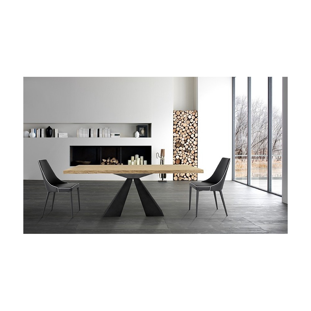 Table fixe ou extensible Dakota avec pied central en acier noir et plateau en chêne plaqué bord écorcé