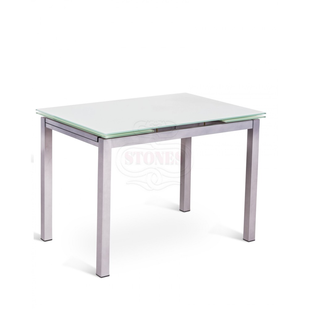 Table à manger Baud avec deux extensions avec structure en métal et plateau en verre de trois couleurs différentes