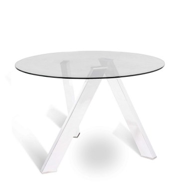 Rondo 'ronde tafel met wit metalen of stalen structuur en transparant glazen blad
