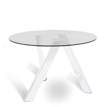 Rondo' pyöreä pöytä, jossa valkoinen metalli- tai teräsrakenne ja läpinäkyvä lasitaso