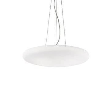 Lampe à suspension Smarties blanche avec structure en métal chromé et verre soufflé disponible en 3 lumières
